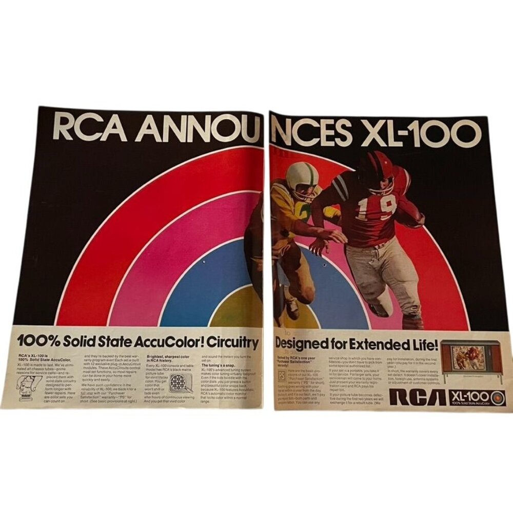 1971 RCA Announces XL-100 TV 2 Full Page Ad Football Players Running Vintage u O